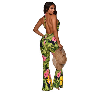 Baskılı Tek Parça Derin V Tulumlar Bandaj Flare Backless Tulum
