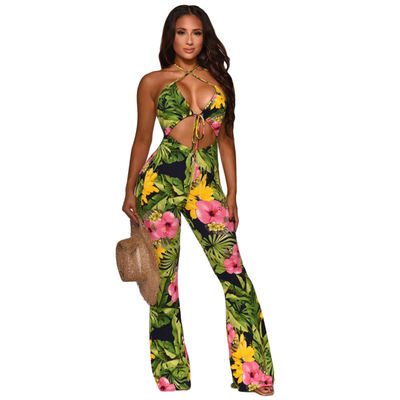 Baskılı Tek Parça Derin V Tulumlar Bandaj Flare Backless Tulum