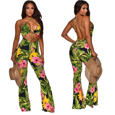 Baskılı Tek Parça Derin V Tulumlar Bandaj Flare Backless Tulum