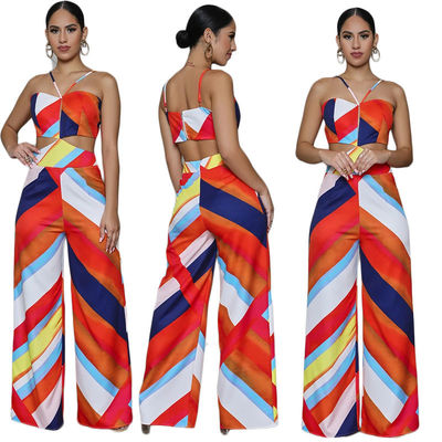 Baskılı Halter Tulum Geniş Bacak Pantolon Günlük Kapalı Omuz Backless Tulum