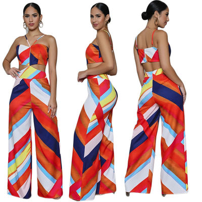Baskılı Halter Tulum Geniş Bacak Pantolon Günlük Kapalı Omuz Backless Tulum
