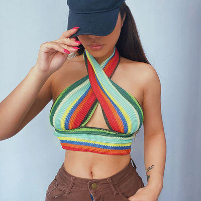 Örgü Seksi Kız Çapraz Üst Dar Kısa Boy Halter Düzensiz