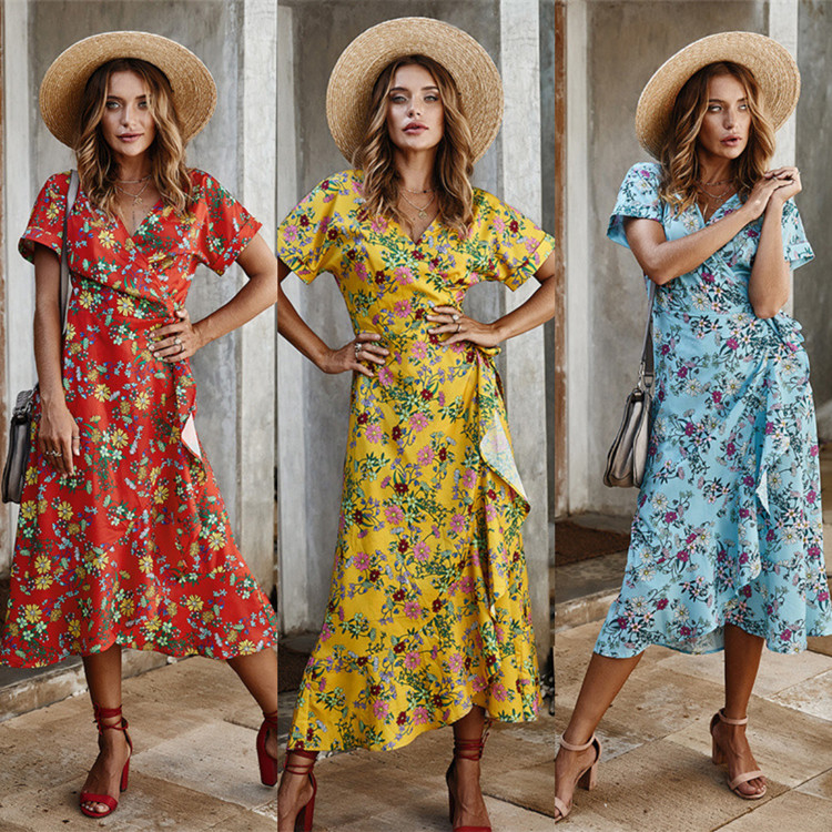 Baskılı Bayan Maxi Elbise Polyester S Xl Kısa Kollu Parti Günlük V Yaka
